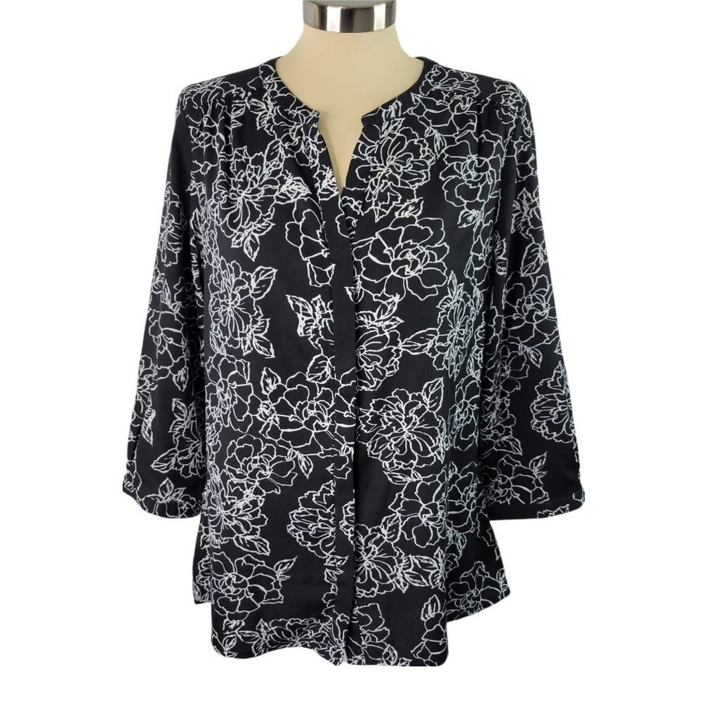 Banana Republic Factory Blouse Top Large Black White Floral Print Long Sleeve